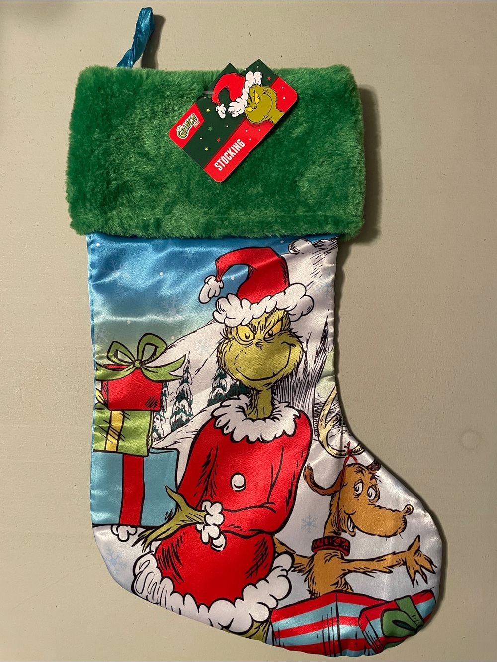 Green Cuffed The Grinch Holiday Christmas Stocking New